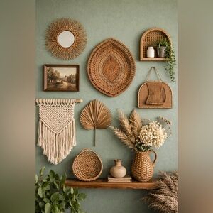 Vintage Woven Rattan Wall Basket Boho Decor